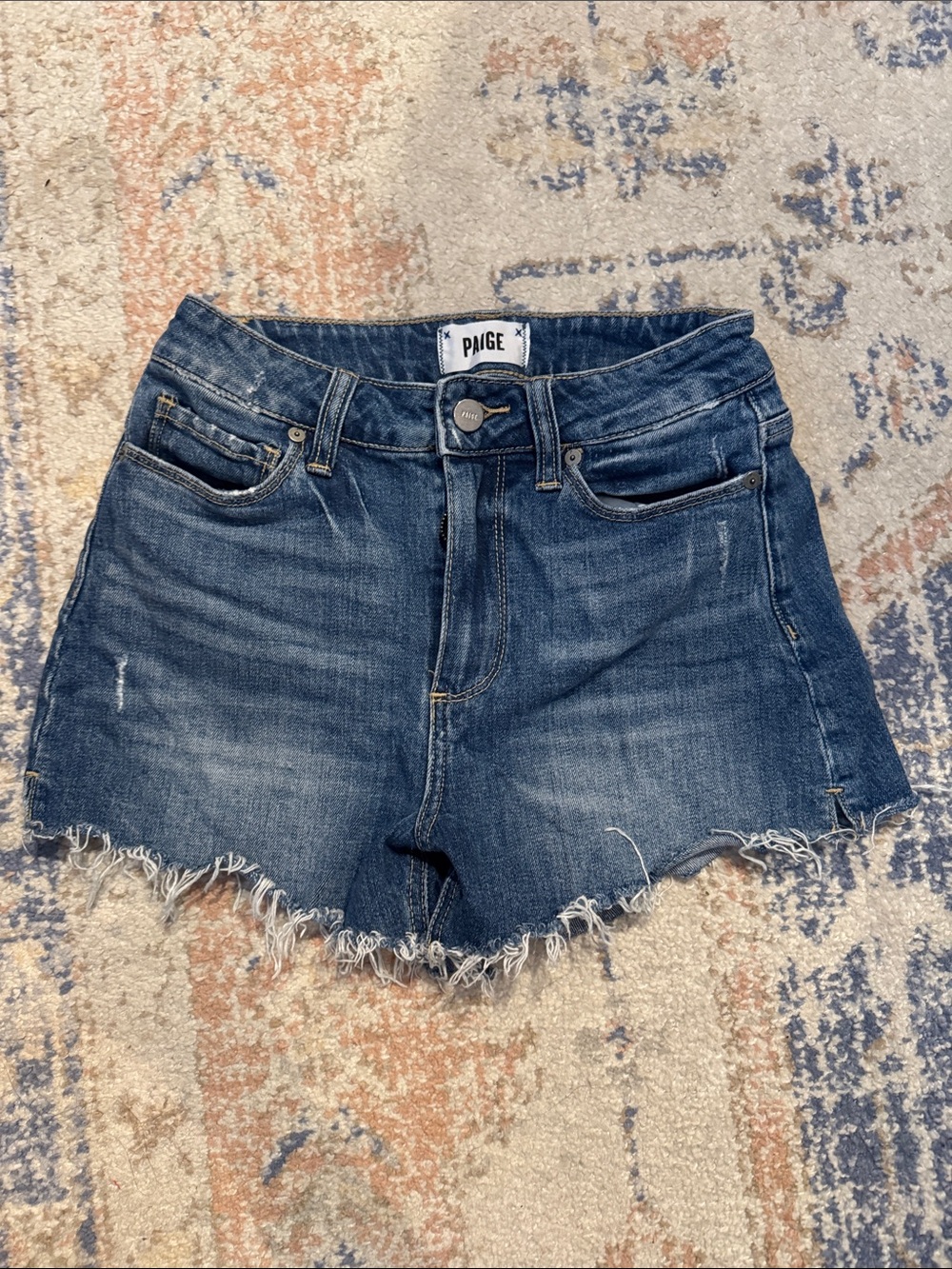 PAIGE Medium Blue Distressed Denim Cutoff Shorts